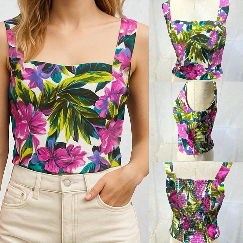 427 GAP | NWOT Floral Pink Green Smocked Back Sleeveless Brami Crop Top (Size S)